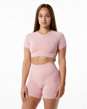 Dámské Košile S Krátkým Rukávem Alphalete Amplify V-Neck Crop Růžové | CZ-976450