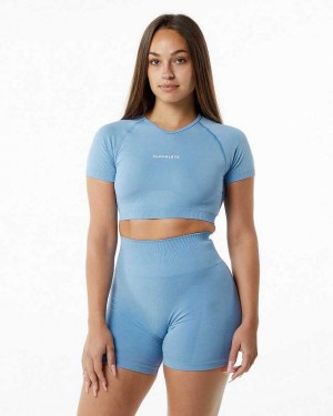Dámské Košile S Krátkým Rukávem Alphalete Amplify V-Neck Crop Blankyt | CZ-437092