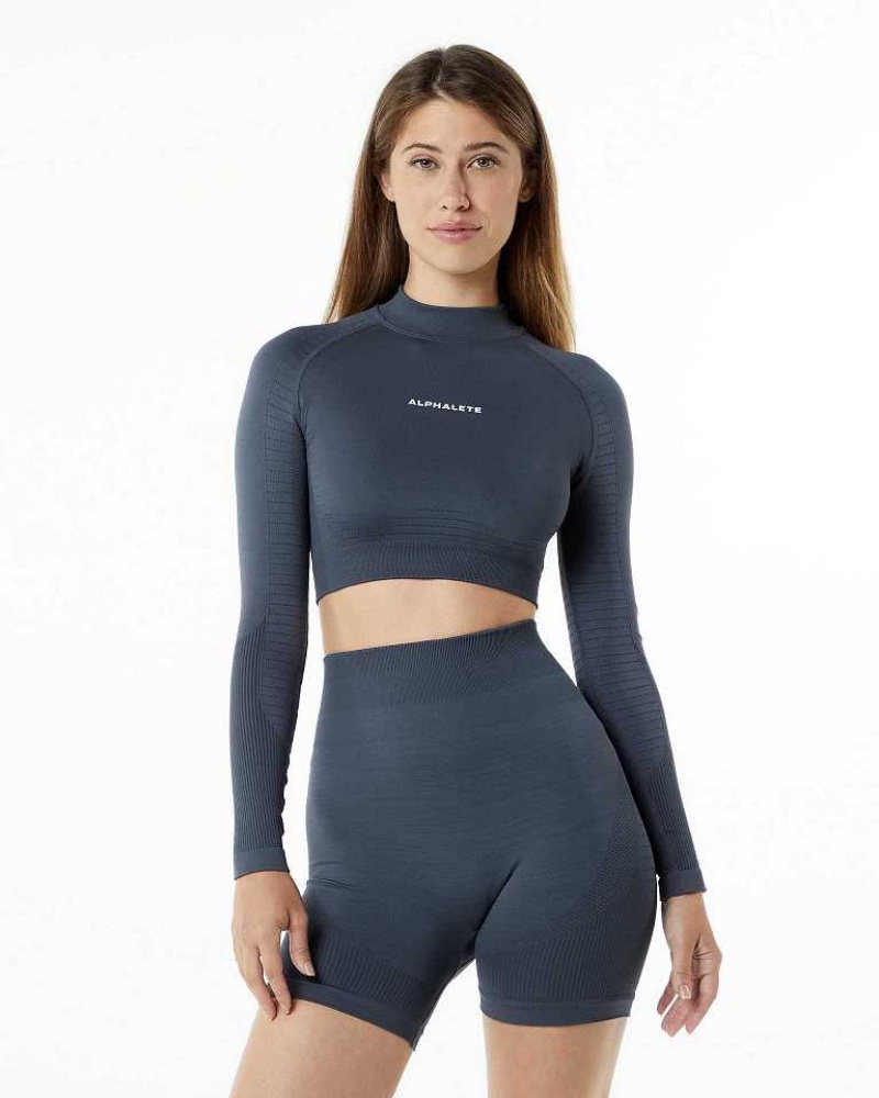 Dámské Košile S Dlouhým Rukávem Alphalete Ozone High Neck LS Crop Šedé | CZ-140853