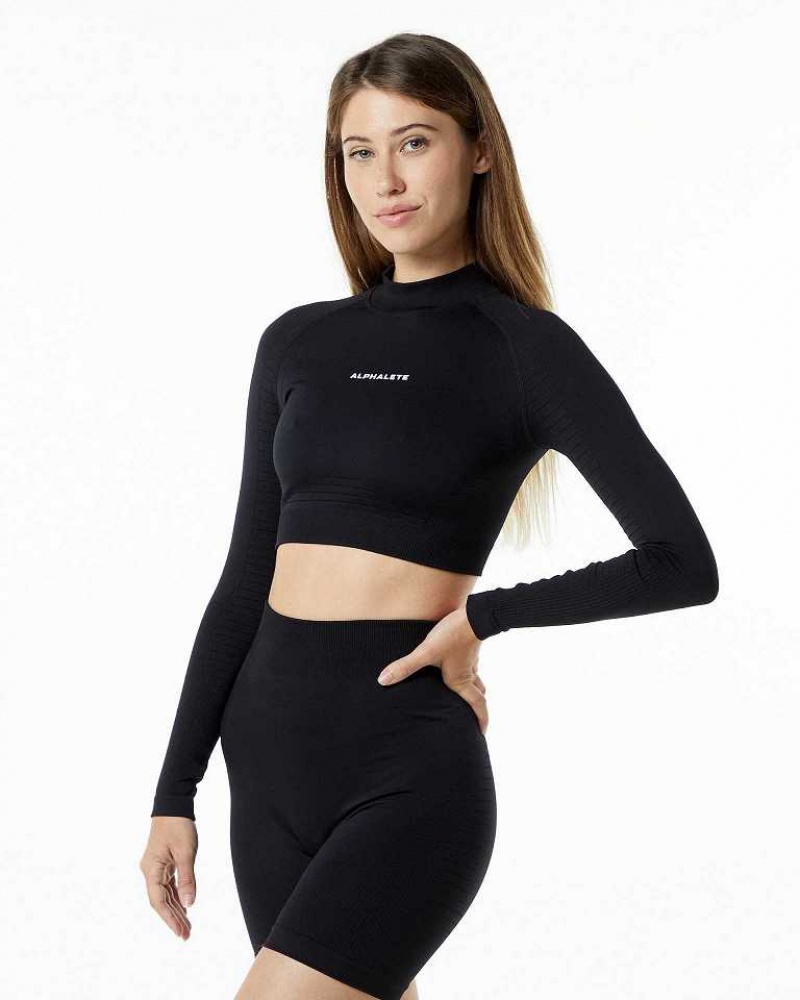 Dámské Košile S Dlouhým Rukávem Alphalete Ozone High Neck LS Crop Černé | CZ-491508
