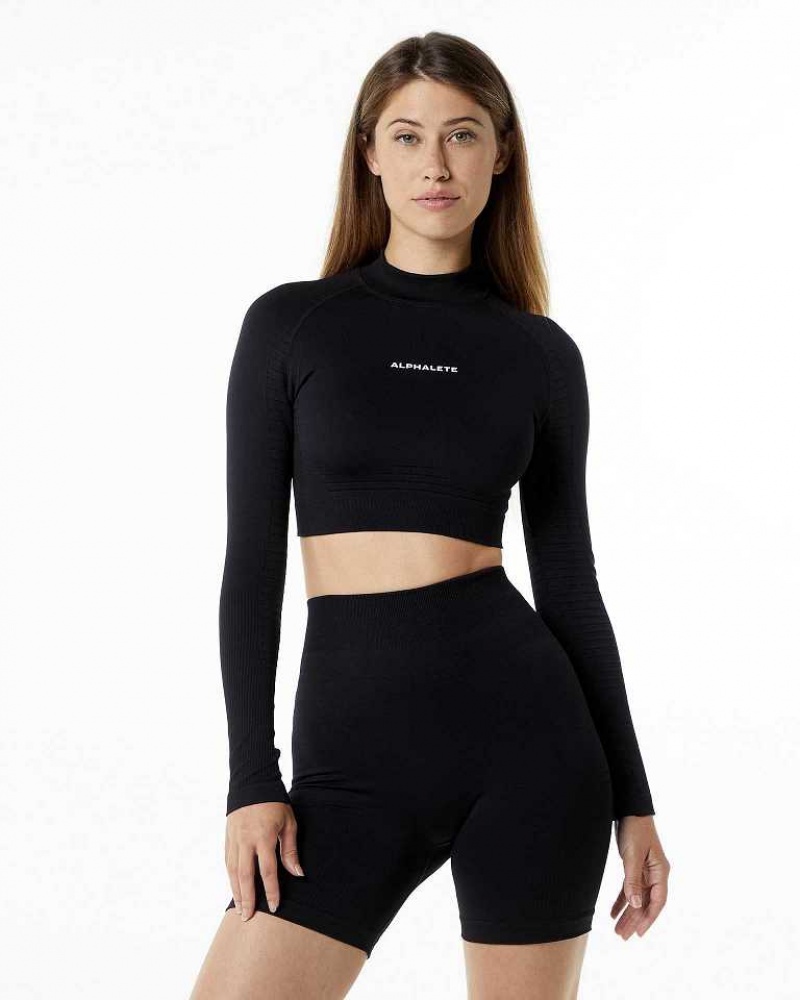 Dámské Košile S Dlouhým Rukávem Alphalete Ozone High Neck LS Crop Černé | CZ-491508