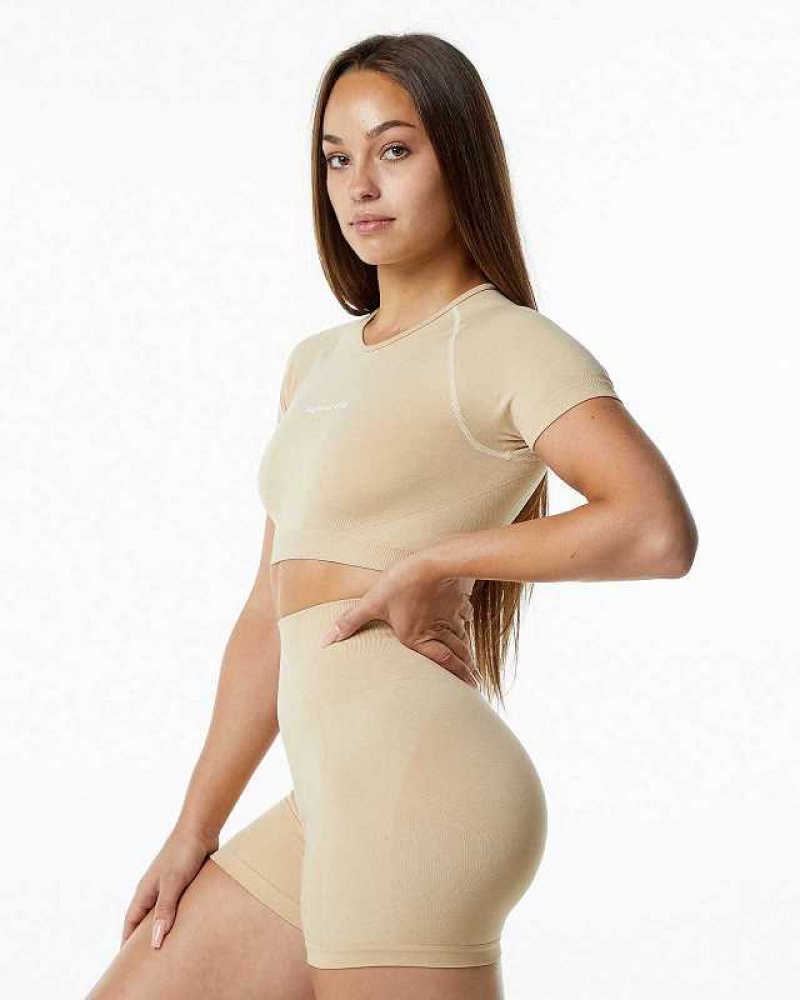 Dámské Košile S Krátkým Rukávem Alphalete Amplify V-Neck Crop Hnědé | CZ-578629