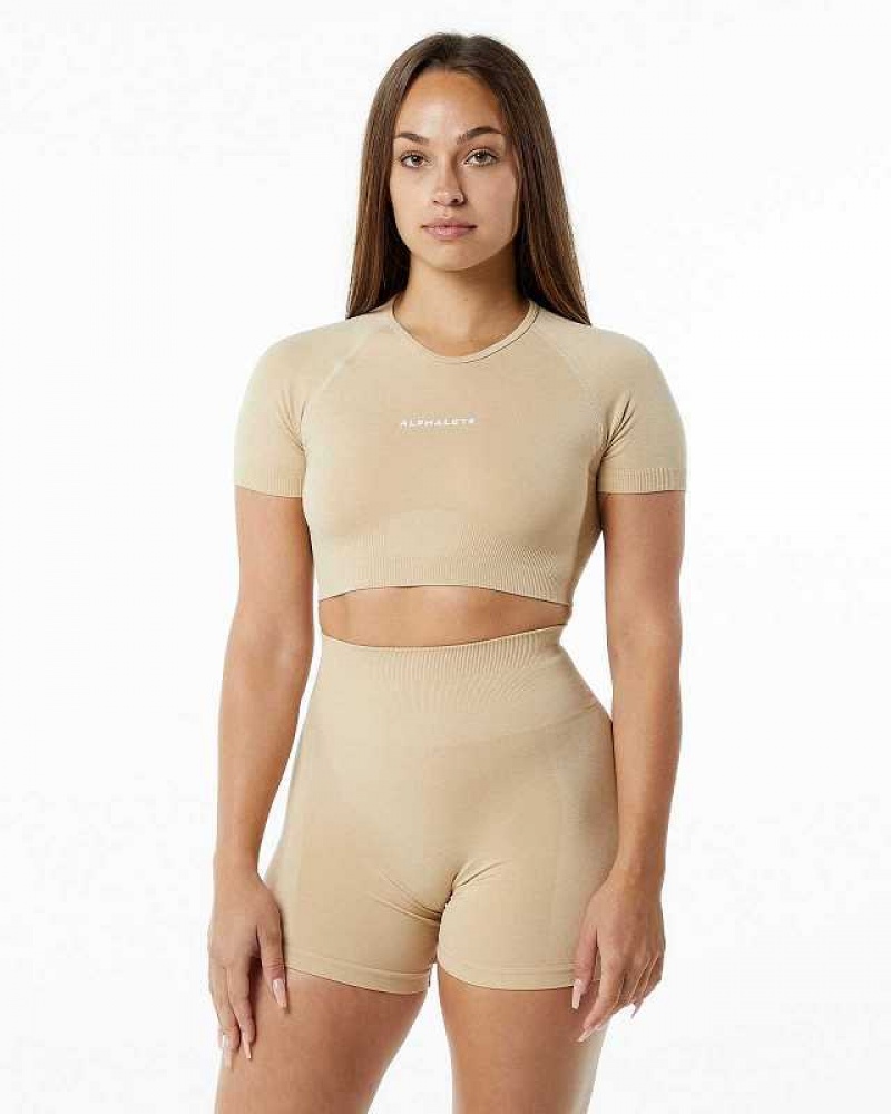 Dámské Košile S Krátkým Rukávem Alphalete Amplify V-Neck Crop Hnědé | CZ-578629