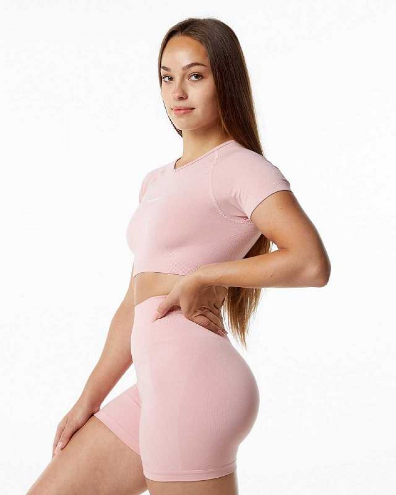 Dámské Košile S Krátkým Rukávem Alphalete Amplify V-Neck Crop Růžové | CZ-976450