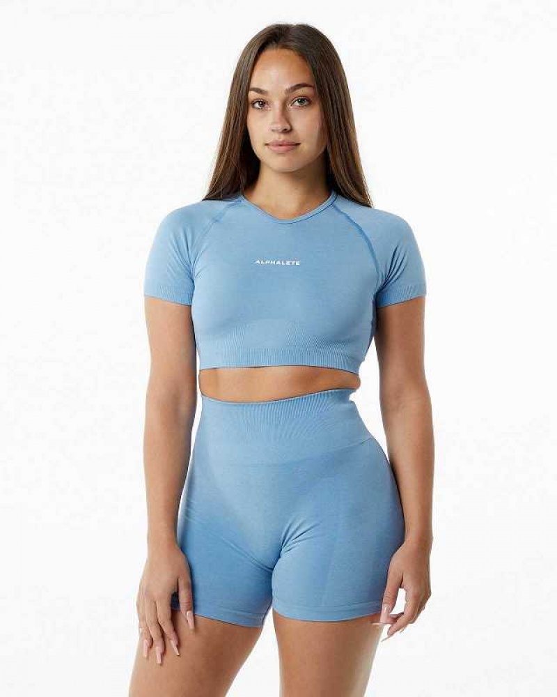 Dámské Košile S Krátkým Rukávem Alphalete Amplify V-Neck Crop Blankyt | CZ-437092