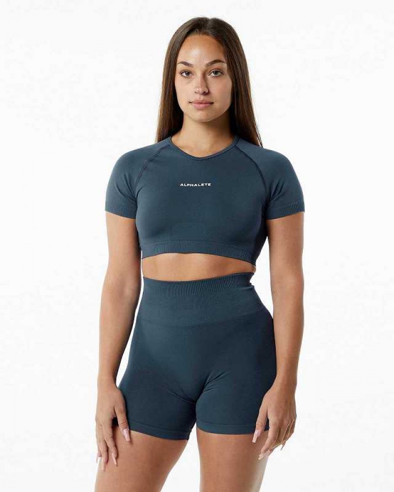 Dámské Košile S Krátkým Rukávem Alphalete Amplify V-Neck Crop Blankyt | CZ-358429