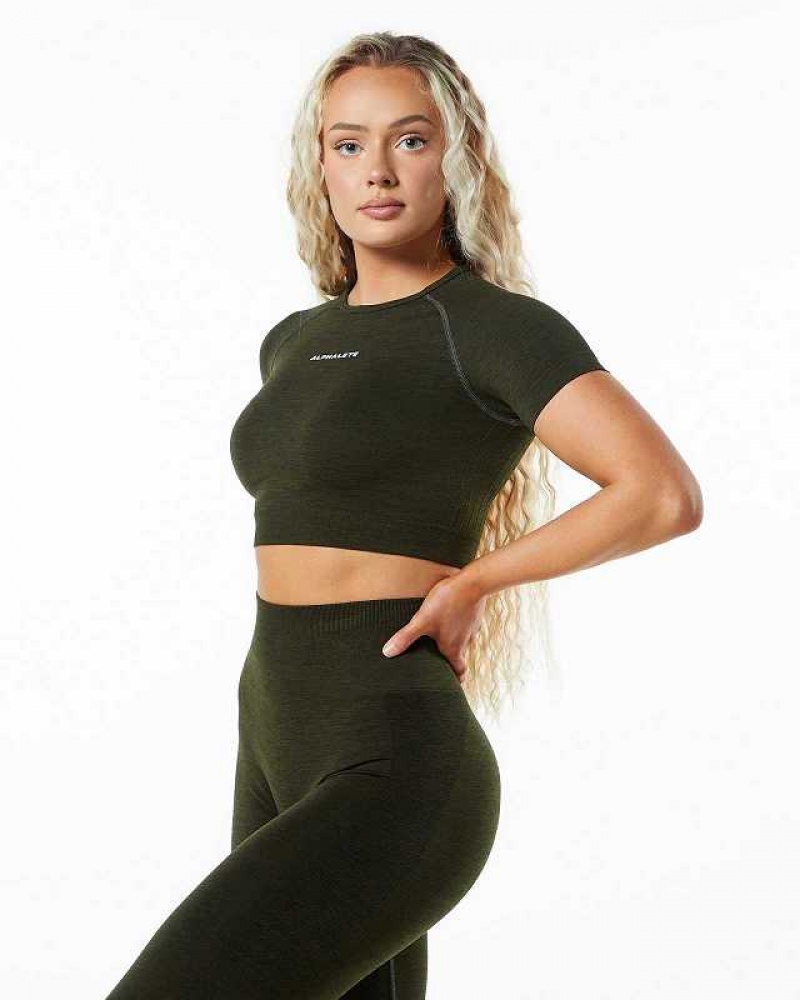 Dámské Košile S Krátkým Rukávem Alphalete Amplify SS Crop Zelene | CZ-983072