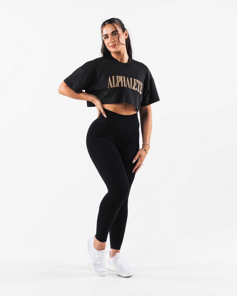 Dámské Košile S Krátkým Rukávem Alphalete Republic Crop Černé | CZ-268079