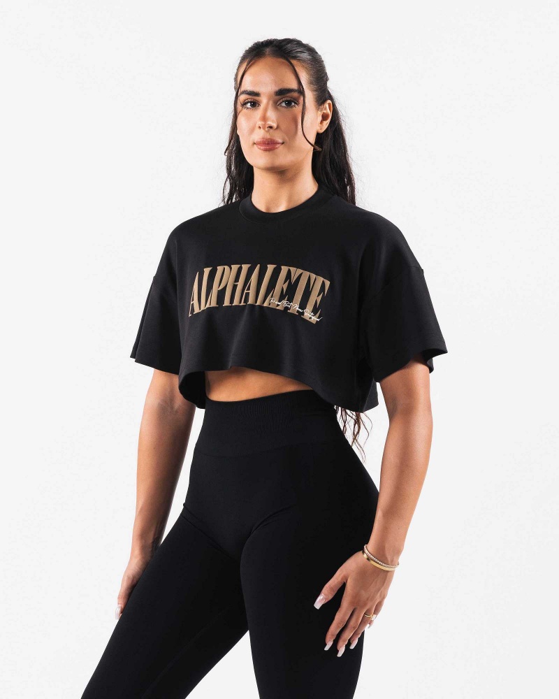 Dámské Košile S Krátkým Rukávem Alphalete Republic Crop Černé | CZ-268079