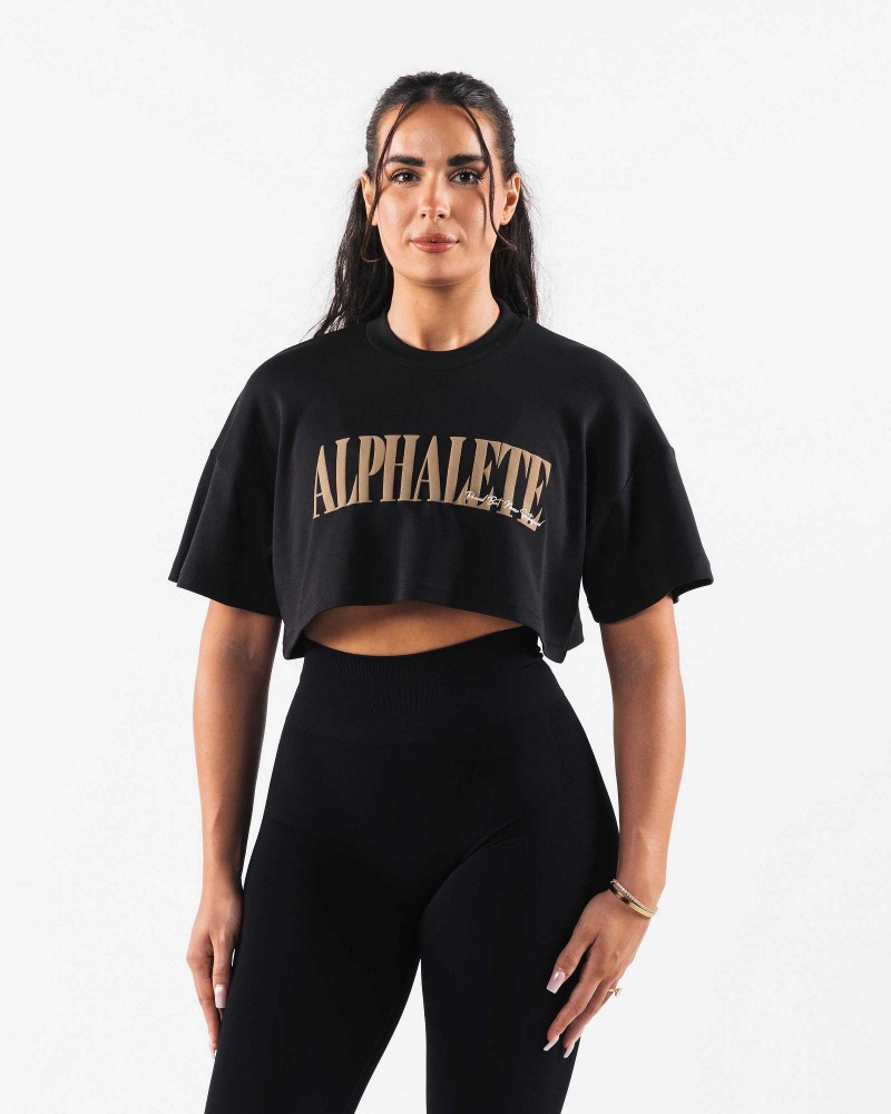 Dámské Košile S Krátkým Rukávem Alphalete Republic Crop Černé | CZ-268079